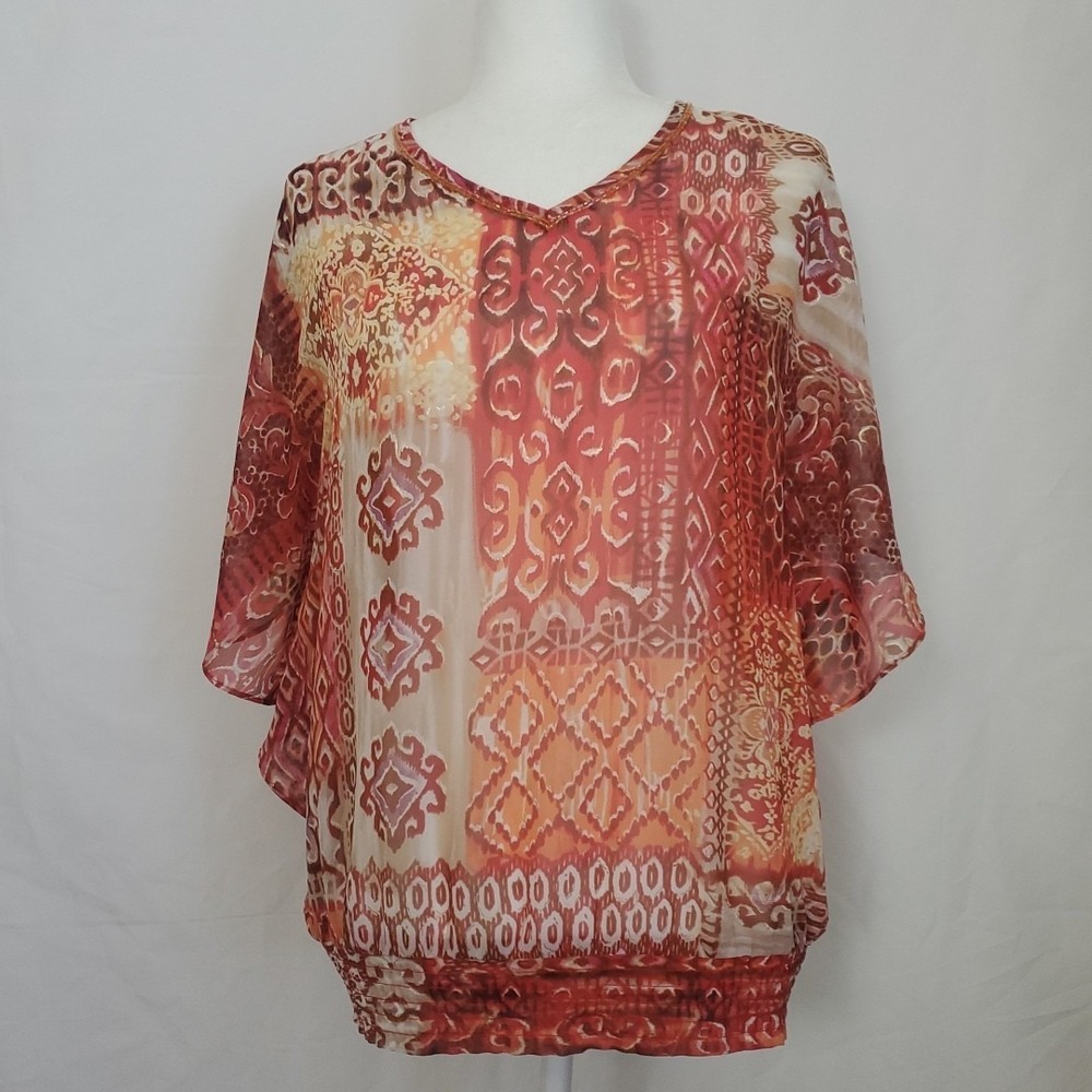 Chicos Blouse "Sz 0" (4/Small) Sheer Beaded Neckline Smocked Hem Batwing Flutter